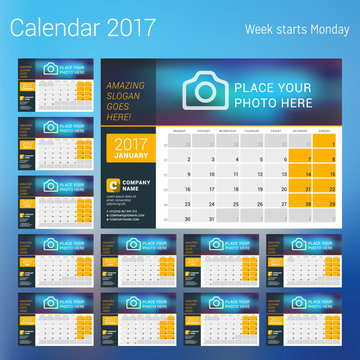 Calendar for 2017 year. Vector design print template with place for photo. Week starts Monday. Set of 12 calendar pages. Stationery design