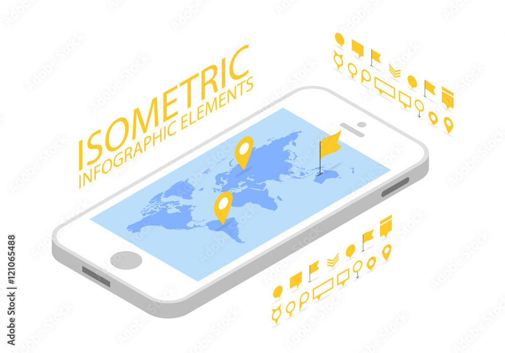 Poster isometric mobile gps navigation concept, smartphone with world map application and marker pin pointe