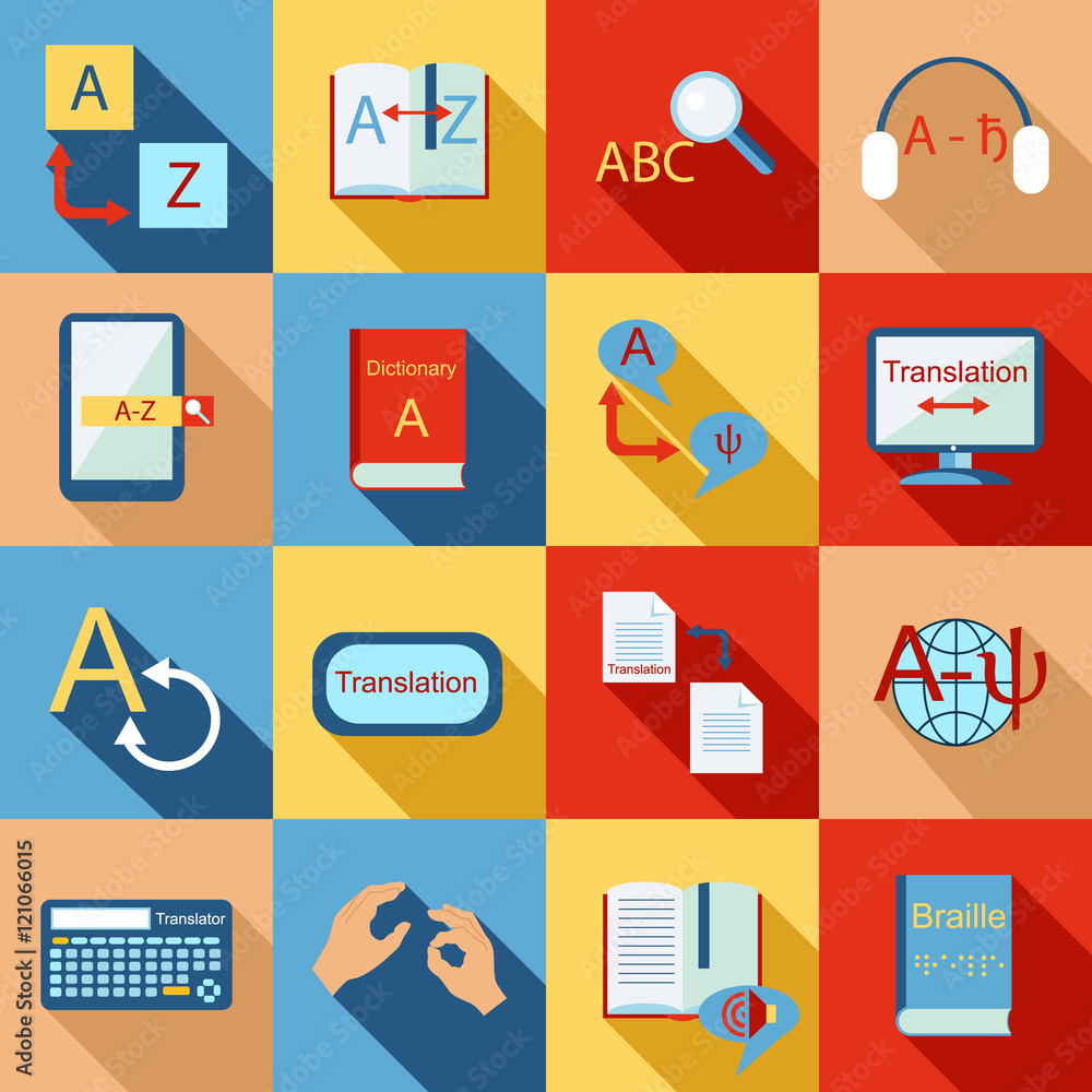 Poster translator icons set in flat style. language interpreter set collection vector illustration