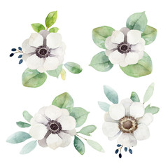 Watercolor floral boutonnieres with anemones and eucalyptus leaves - obrazy, fototapety, plakaty