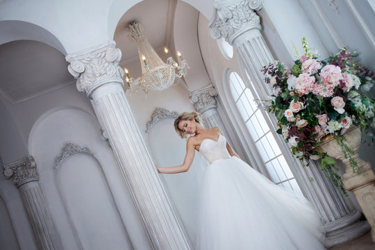 Charming young bride in luxurious wedding dress. Pretty girl, the photo Studio