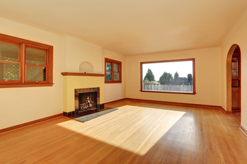 Fototapeta na wymiar Empty living room interior with wooden trim, hardwood floor and fireplace.