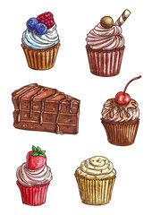 Chocolate cake, cupcake sketches with cream, fruit
