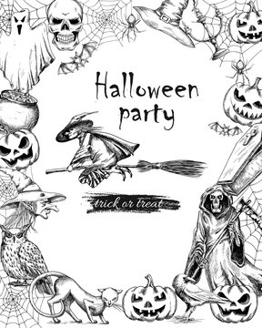 Line sketch vector vintage poster for Halloween
