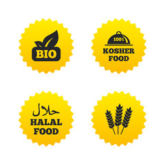 Natural Bio food icons. Halal and Kosher signs.