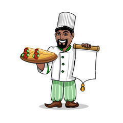 Arabian restaurant Chef with menu and pita kebab