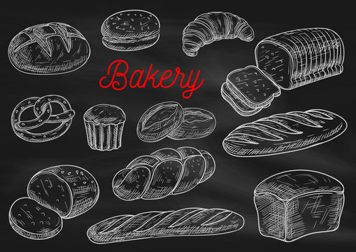 Bakery products chalk sketches on blackboard