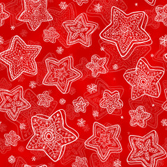 Hand-drawn stars-snowflakes seamless pattern