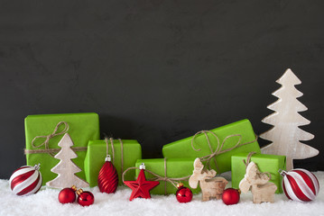 Red And Green Christmas Decoration, Black Cement Wall, Snow