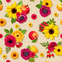 Vector seamless pattern with colorful autumn flowers, apples and berries on a beige sacking background.