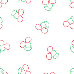 Seamless pattern hand drawn brush line chalk color cherry on white background