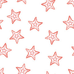 Seamless pattern hand drawn brush line chalk color starfish on white background