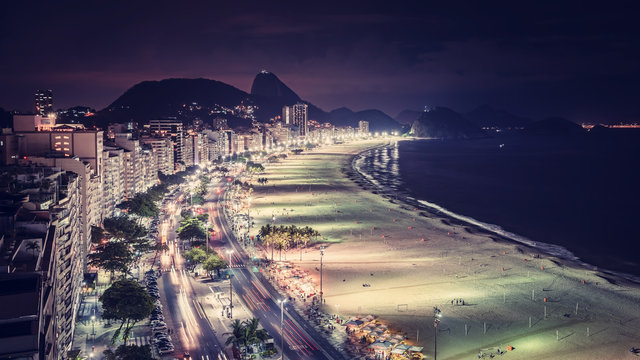 Copacabana Beach at night aerial view, Rio de Janeiro