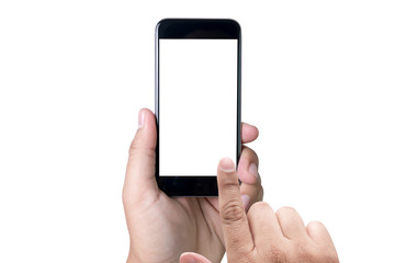 Isolated female hand holding a phone with white screen