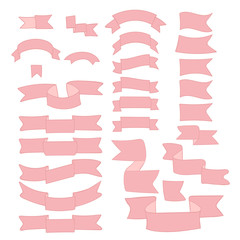 Pastel pink cartoon ribbons, big set of hand drawn design elements: flag, banner, label, mark isolated on white. Ribbon with empty space for title writing. Doodle collection. Vector.
