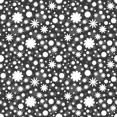 Black and white seamless pattern with white, gray ditsy flowers, dots on dark background. Floral background. Vector illustration.