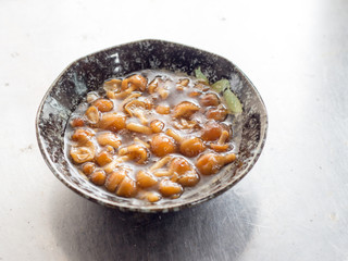 Japanese cuisine, cooked sticky mushrooms called Nameko