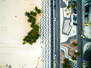 Top View of Copacabana beach with mosaic of sidewalk in Rio de Janeiro, Brazil