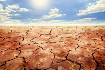 Dry cracked soil in drought land under blue sky.