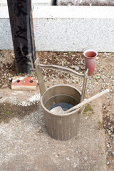 Japanese religious bucket and ladle for purifying at grave yard