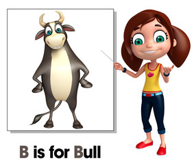 Kid girl pointing Bull