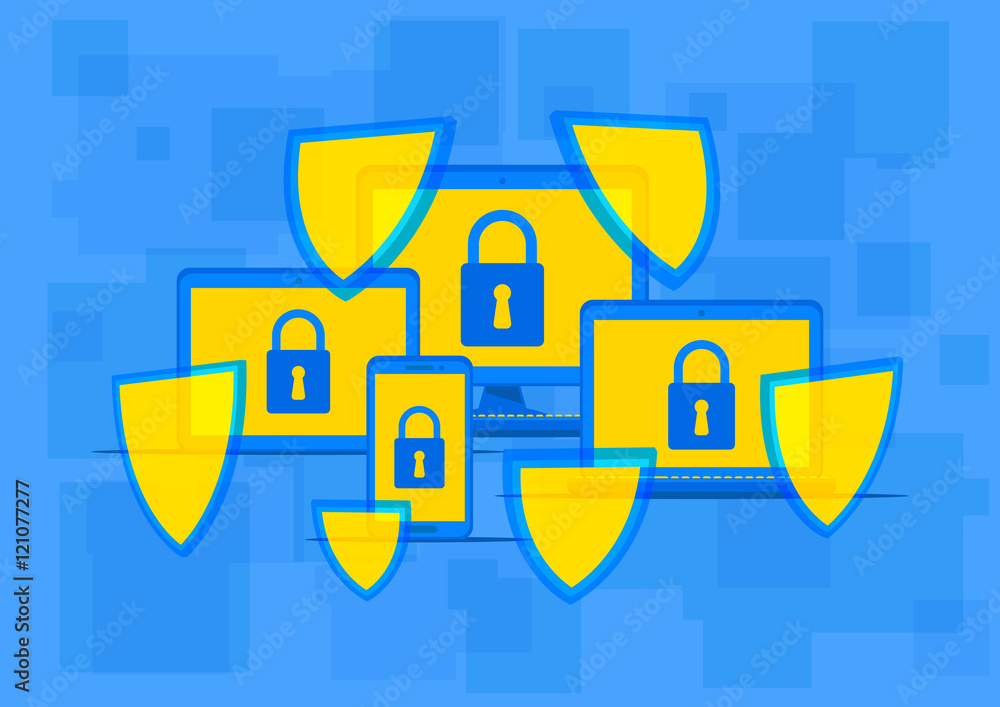 Poster firewall protection vector illustration. creative concept with lock sign and shields that protect co
