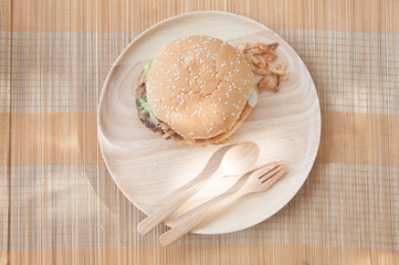 Traditional hamburgers fast food on wood tray
