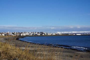 Fototapeta na wymiar Beautiful coast with snow mountain background at Reykjavik City
