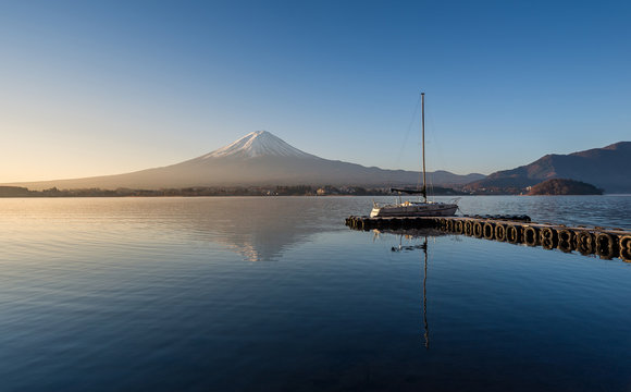 Mount Fuji in the early morning with reflection on the lake kawaguchiko