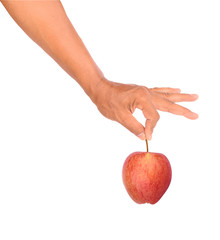 Men hand holding red apple isolated on white