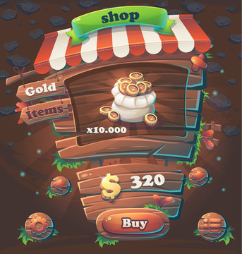 Wooden game user interface window shop