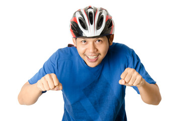 Man is wearing bicycle helmet ready to cycling isolated on white background