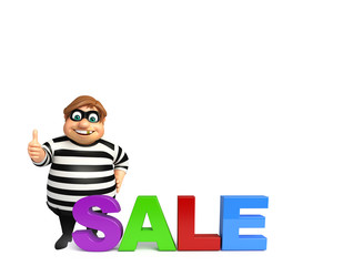 illustration of cartoon thief with sale sign