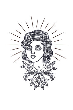 Tattoo girl face in a retro style. Vector print in hipster style. Portrait of a girl surrounded by flowers. Outline for tattoo girl's face on a white background