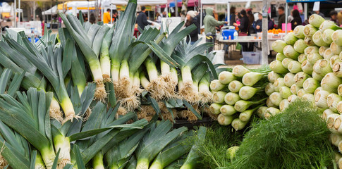 Fresh leeks and fennel at a California farmers market. Farm to table