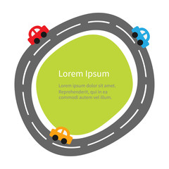 Fototapeta premium Curve round road and cartoon cars. Flat design. Green grass. White background.