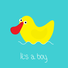 Its a boy. Baby shower card with funny yellow duck. Cute cartoon character. Sea ocean wave. Flat design.
