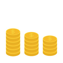 Gold coin stacks icon in shape of diagram. Dollar sign symbol. Cash money. Going down graph. Income and profits. Growing business concept. Flat design. White background. Isolated.