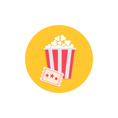 Popcorn box and ticket. Cinema Movie round icon in flat dsign style.