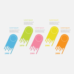 Five step Timeline Infographic. Dash line circles. Colorful comet shape segment. Template. Flat design. White background.