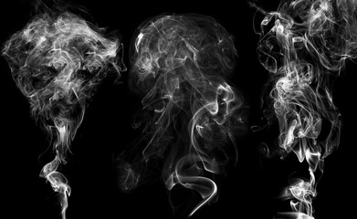 White smoke collection on isolated black background