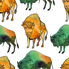 Watercolor colorful seamless background. Ink illustration.Wild animals.Bizons. Buffalo. Hand drawn pattern. Native american indians theme. © TrishaMcmillan