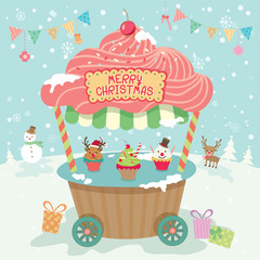 Illustration vector of merry christmas cupcake push cart booth kiosk with ornament on snow background party.Pastel color cute style.