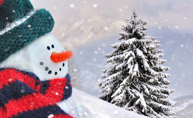 bonhomme de neige et grand sapin 
