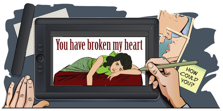 Broken heart. Girl lies on bed and crying.