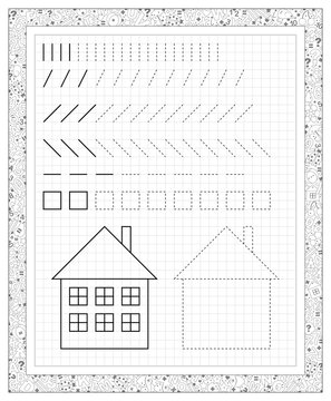 Black and white worksheet on a square paper with exercises for little children. Developing skills for writing and drawing. Vector image.