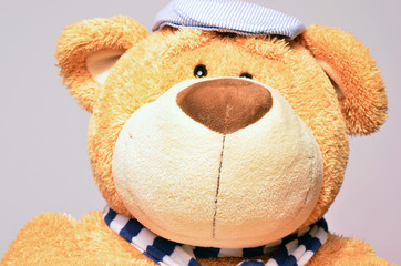 Teddy bear dressed in fashion with a blue hat and a blue scarf. Portrait of a happy teddy bear