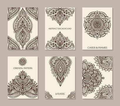 Set Of Six Cards Or Flyers With Abstract Henna Mehndi Ornament.