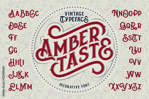 Download "Vintage decorative font named "Amber Taste" with label design and background pattern" Stock ...