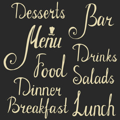 Fototapeta na wymiar hand drawn lettering. menu breakfast lunch dinner food salads drinks bar desserts inscriptions.